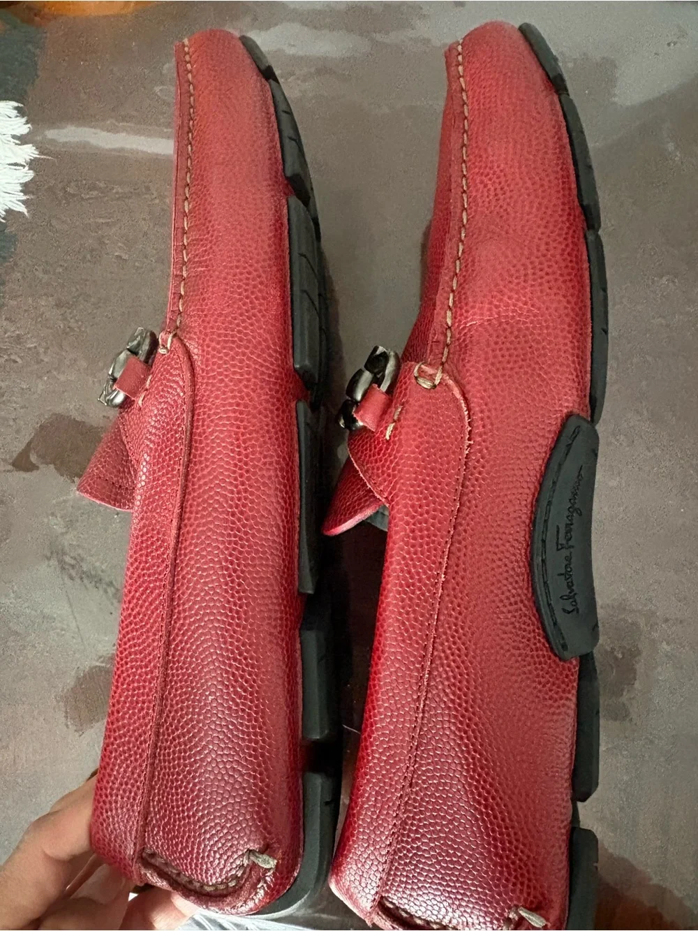 Salvatore Ferragamo Men's Burgundy Pebbled Leather Bit Loafers